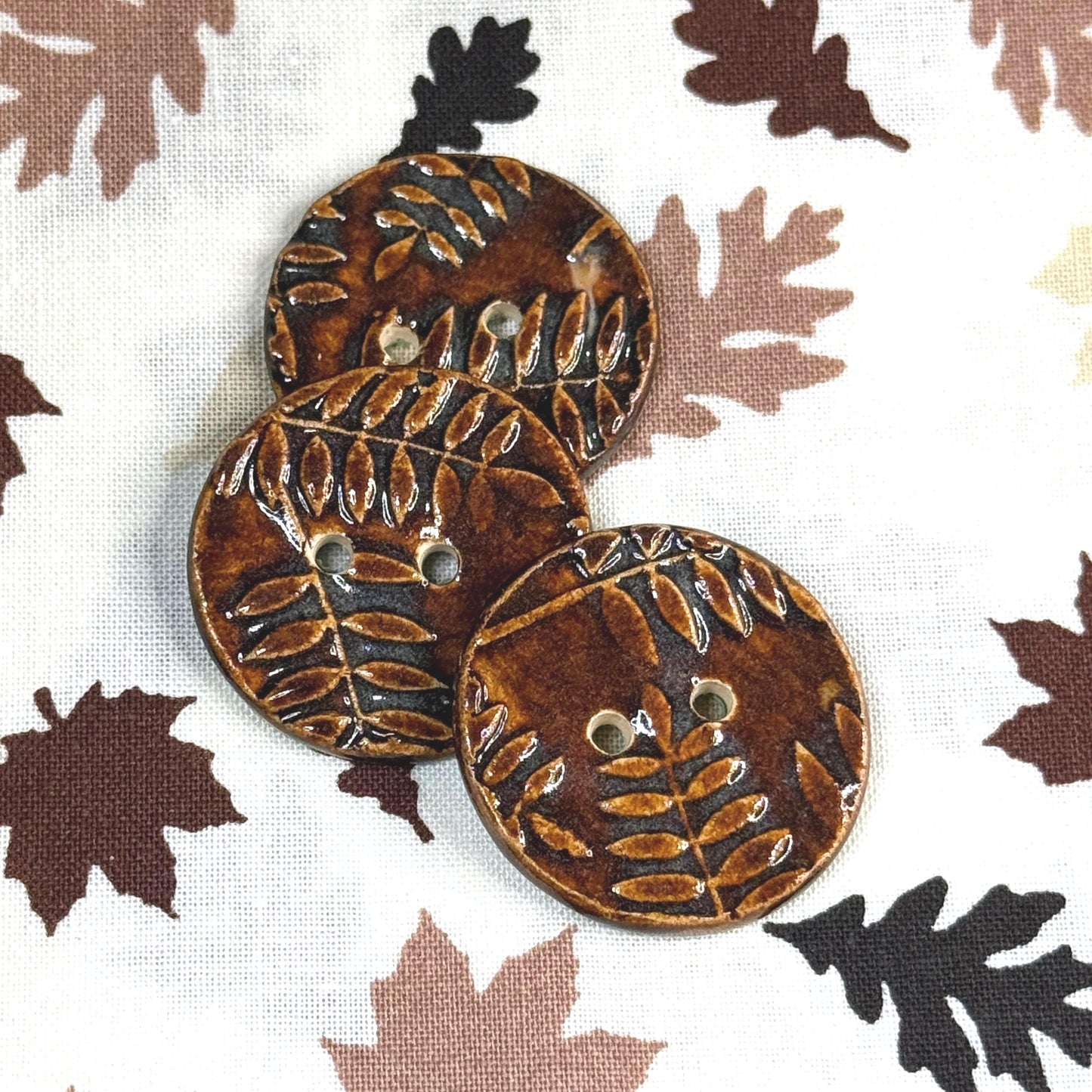 Brown Woodland Fern Textured Round Ceramic Button