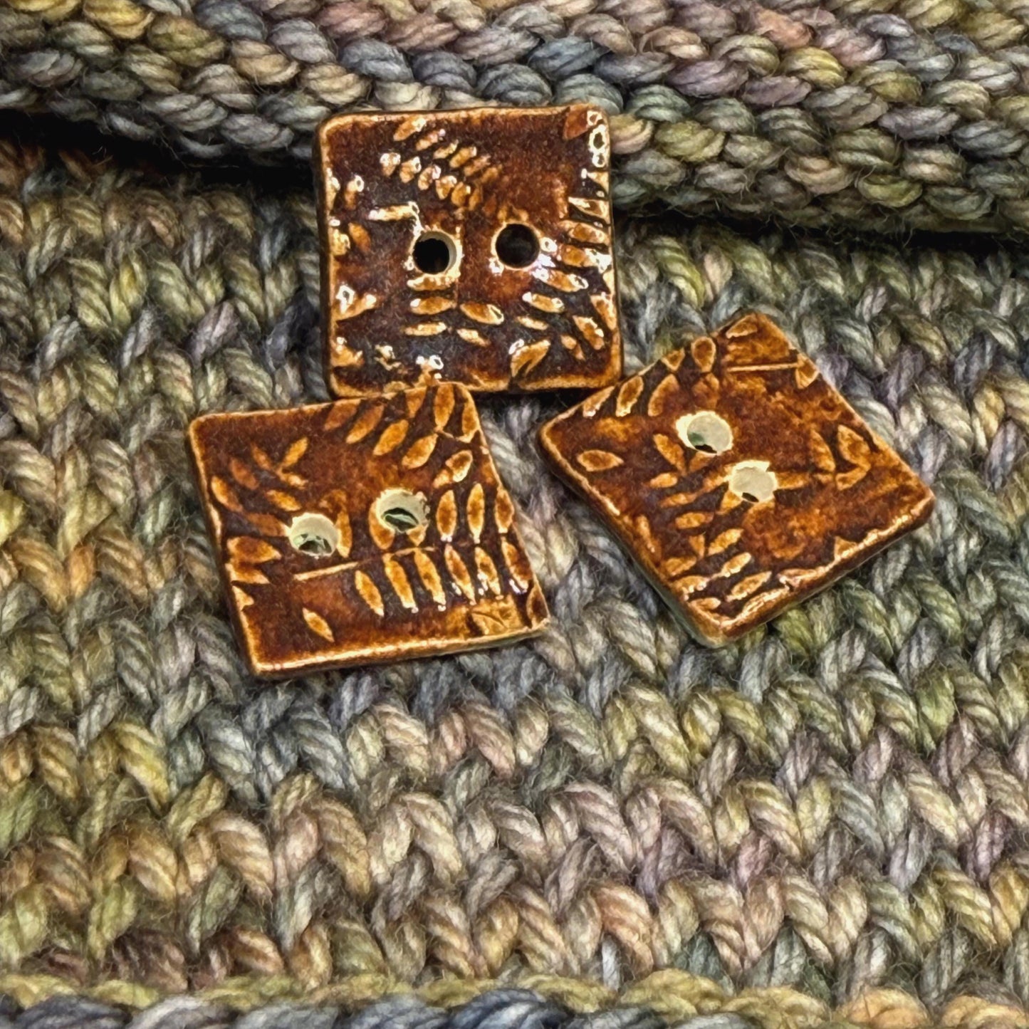 Brown Tiny Square Button with Woodland Fern Texture