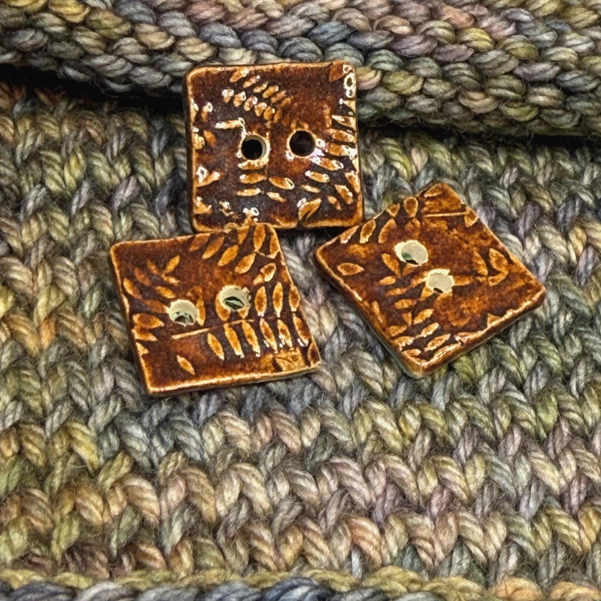 Brown Tiny Square Button with Woodland Fern Texture
