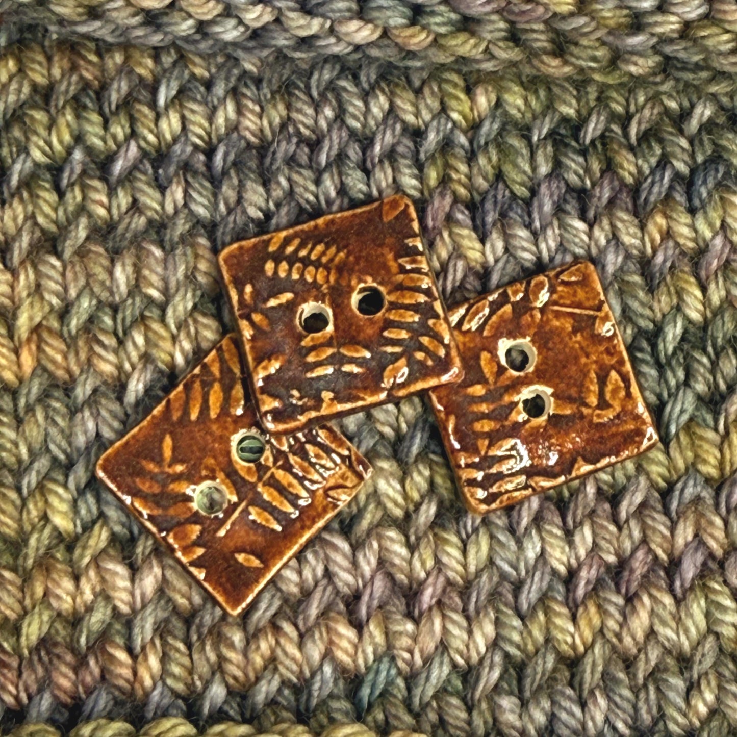 Brown Tiny Square Button with Woodland Fern Texture