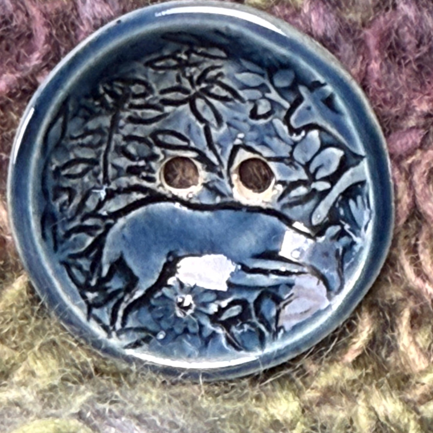 Woodland Deer With Tree Dark Blue Round Ceramic Button