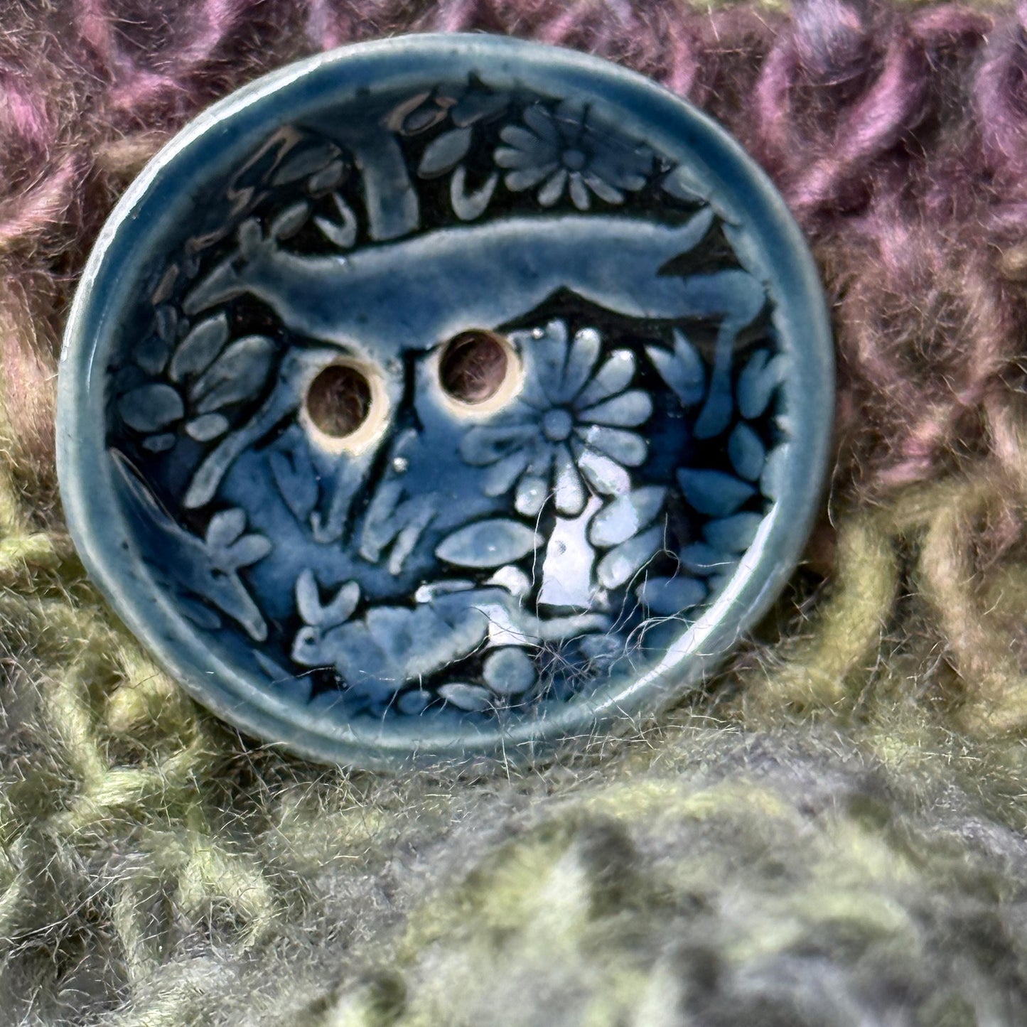 Woodland Deer With Tree Dark Blue Round Ceramic Button
