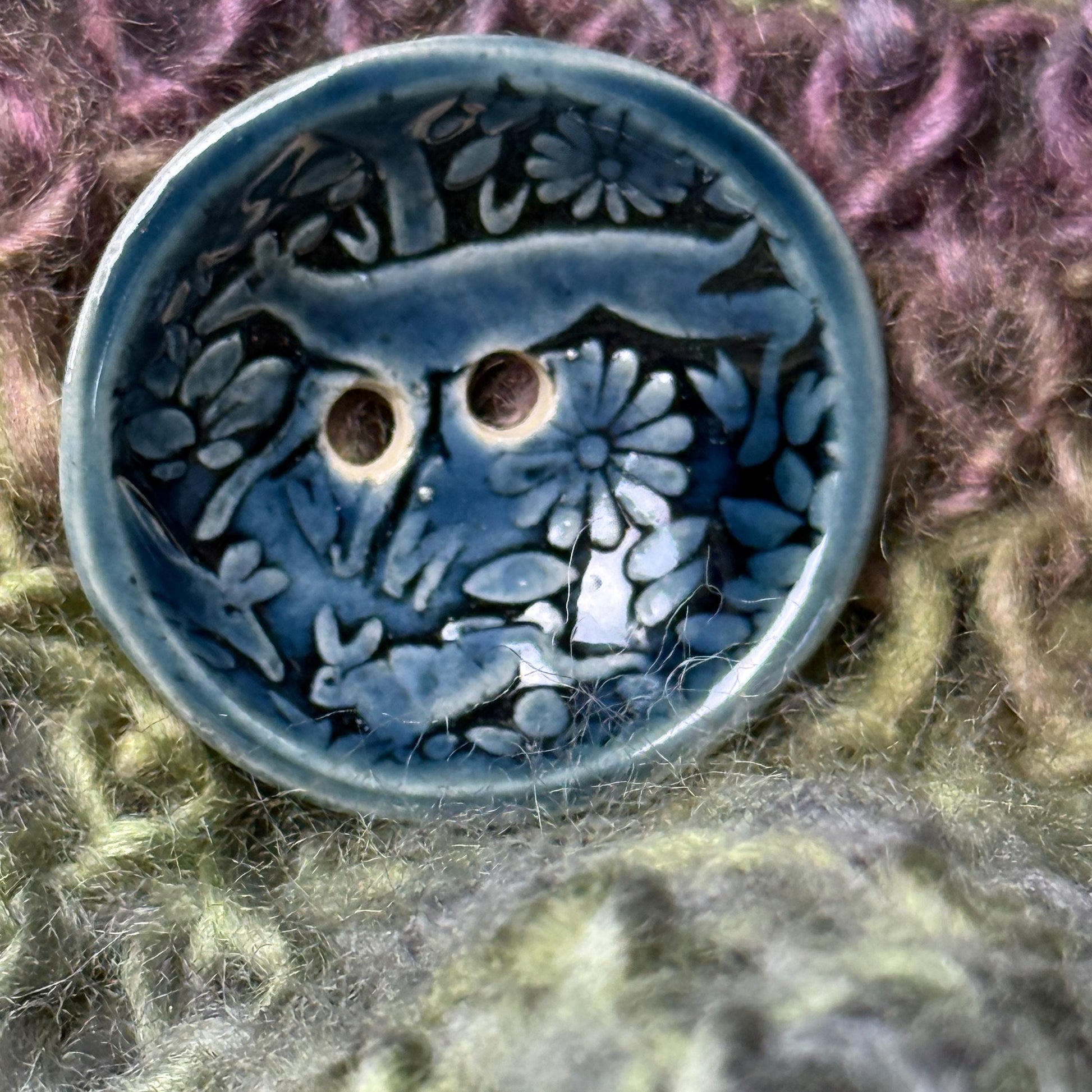 Woodland Deer With Tree Dark Blue Round Ceramic Button