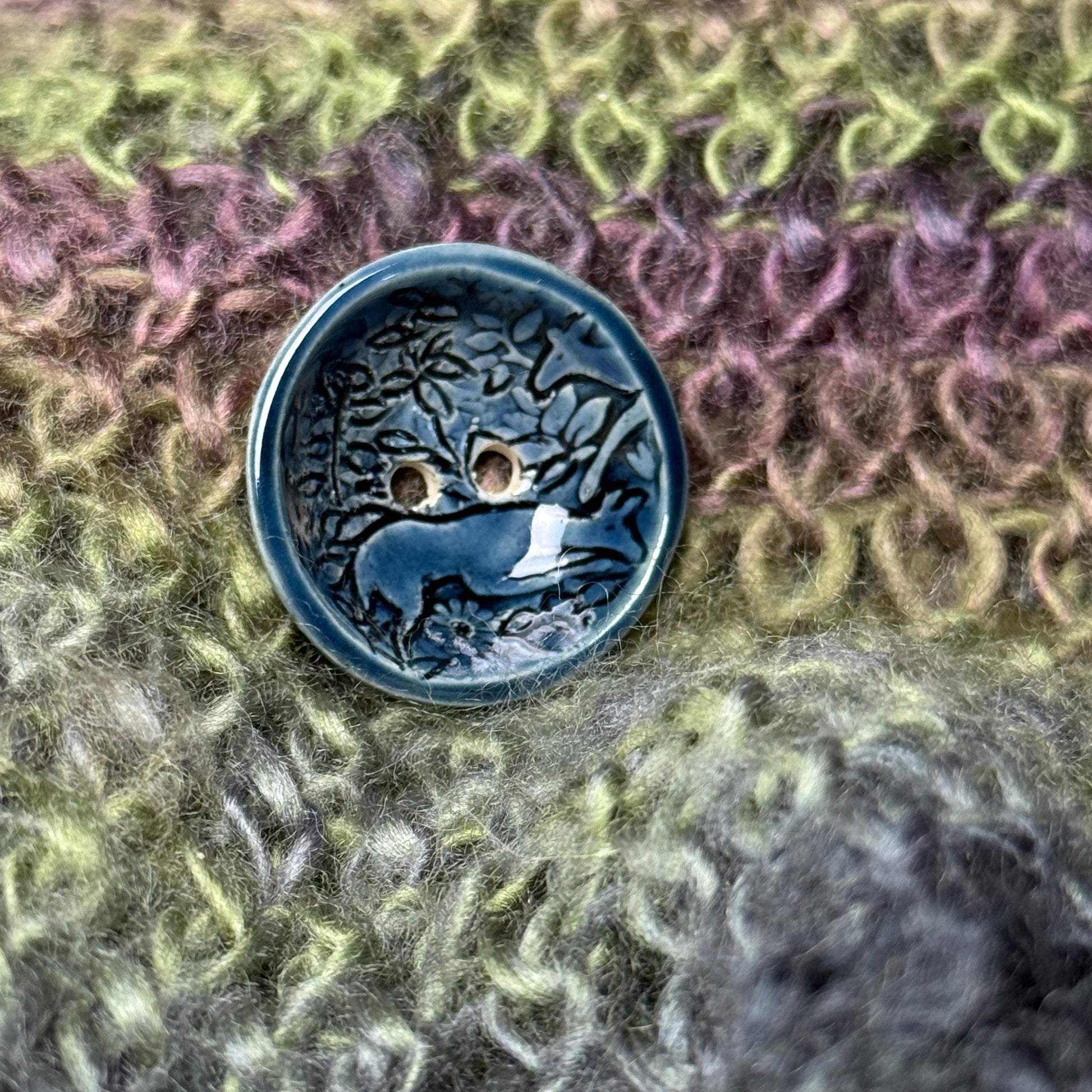 Woodland Deer With Tree Dark Blue Round Ceramic Button