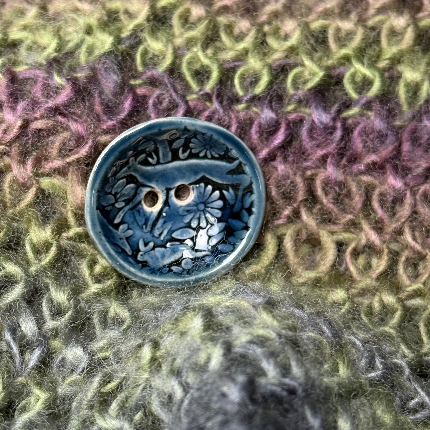 Woodland Deer With Tree Dark Blue Round Ceramic Button