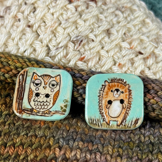 Retro Owl and Hedgie Square Ceramic Buttons