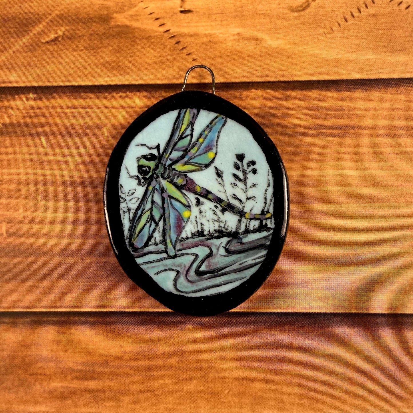 Dragonfly on Blue Oval Ceramic Pendant