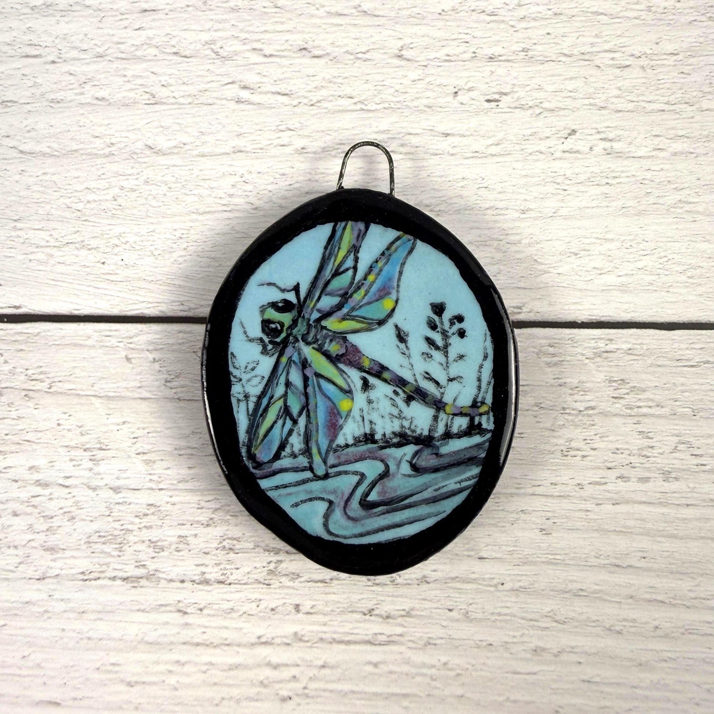 Dragonfly on Blue Oval Ceramic Pendant