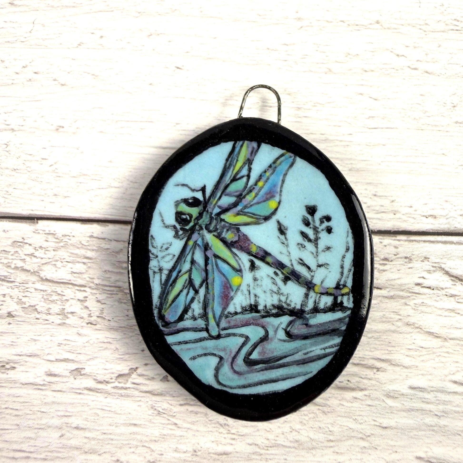 Dragonfly on Blue Oval Ceramic Pendant