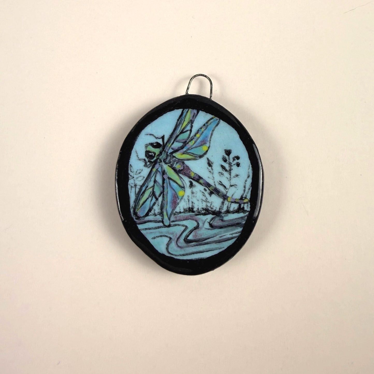 Dragonfly on Blue Oval Ceramic Pendant