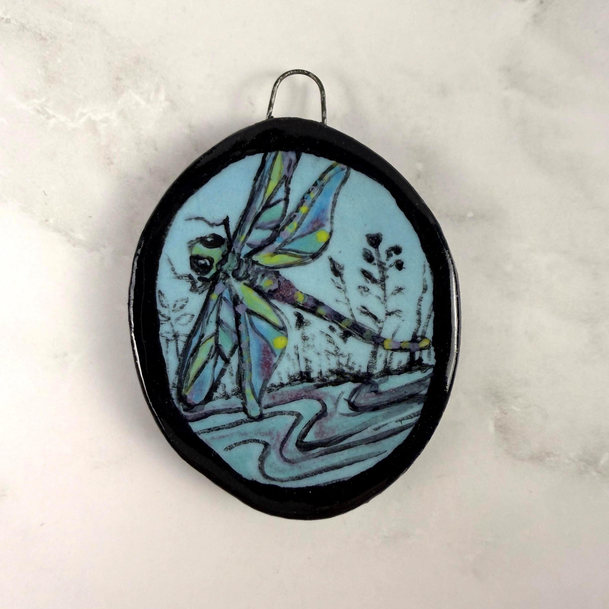 Dragonfly on Blue Oval Ceramic Pendant