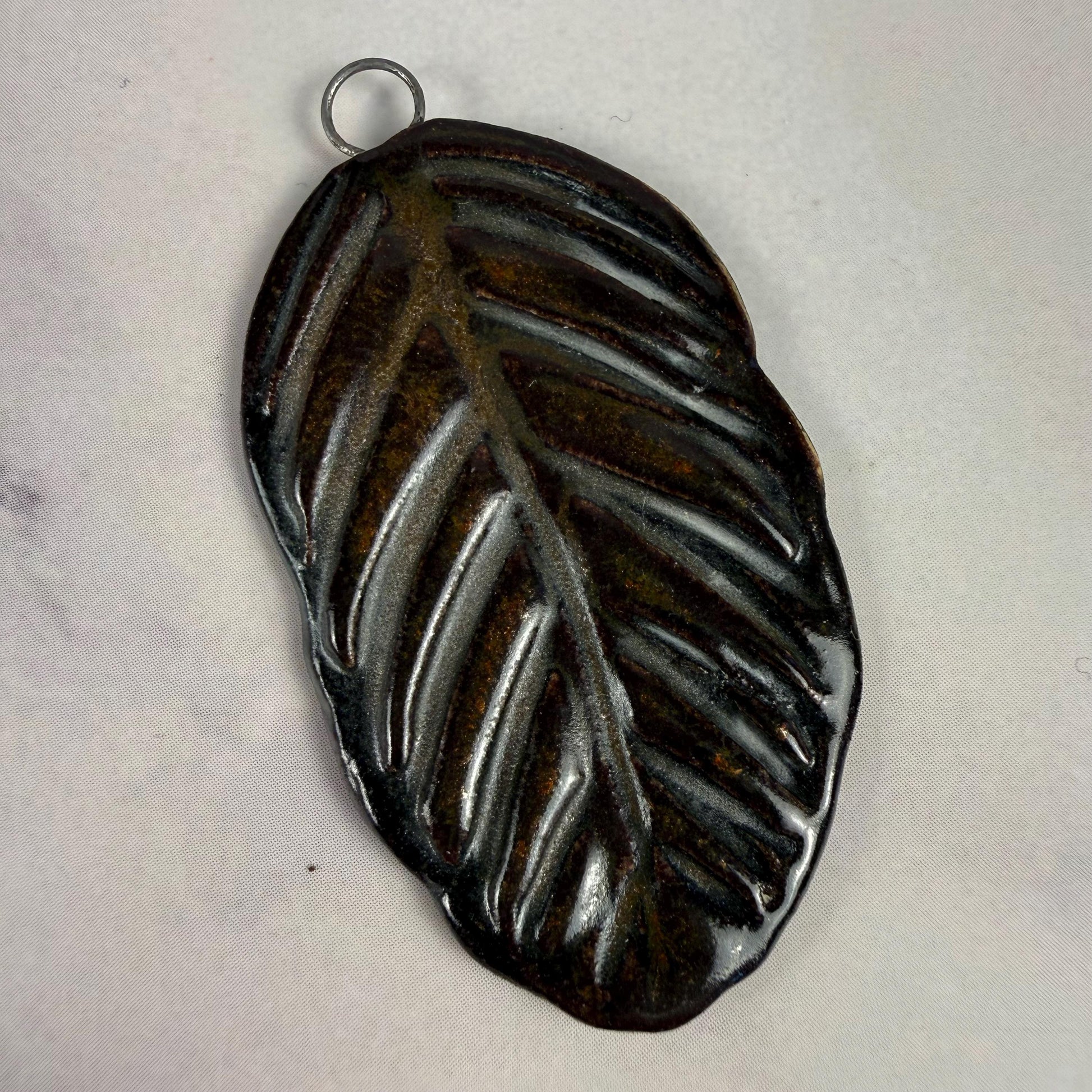 Deep Black and Copper Leaf Ceramic Pendant