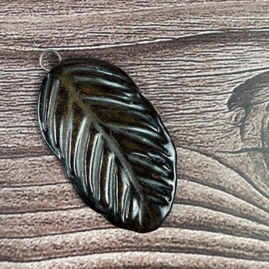 Deep Black and Copper Leaf Ceramic Pendant