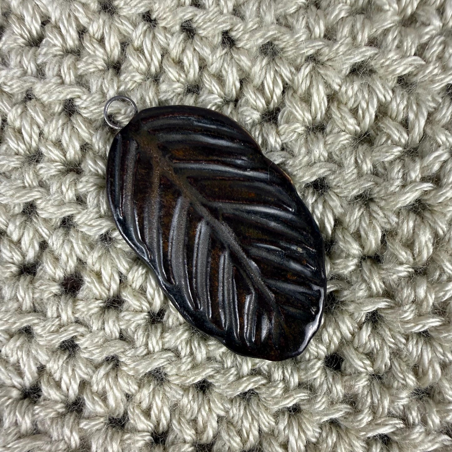 Deep Black and Copper Leaf Ceramic Pendant