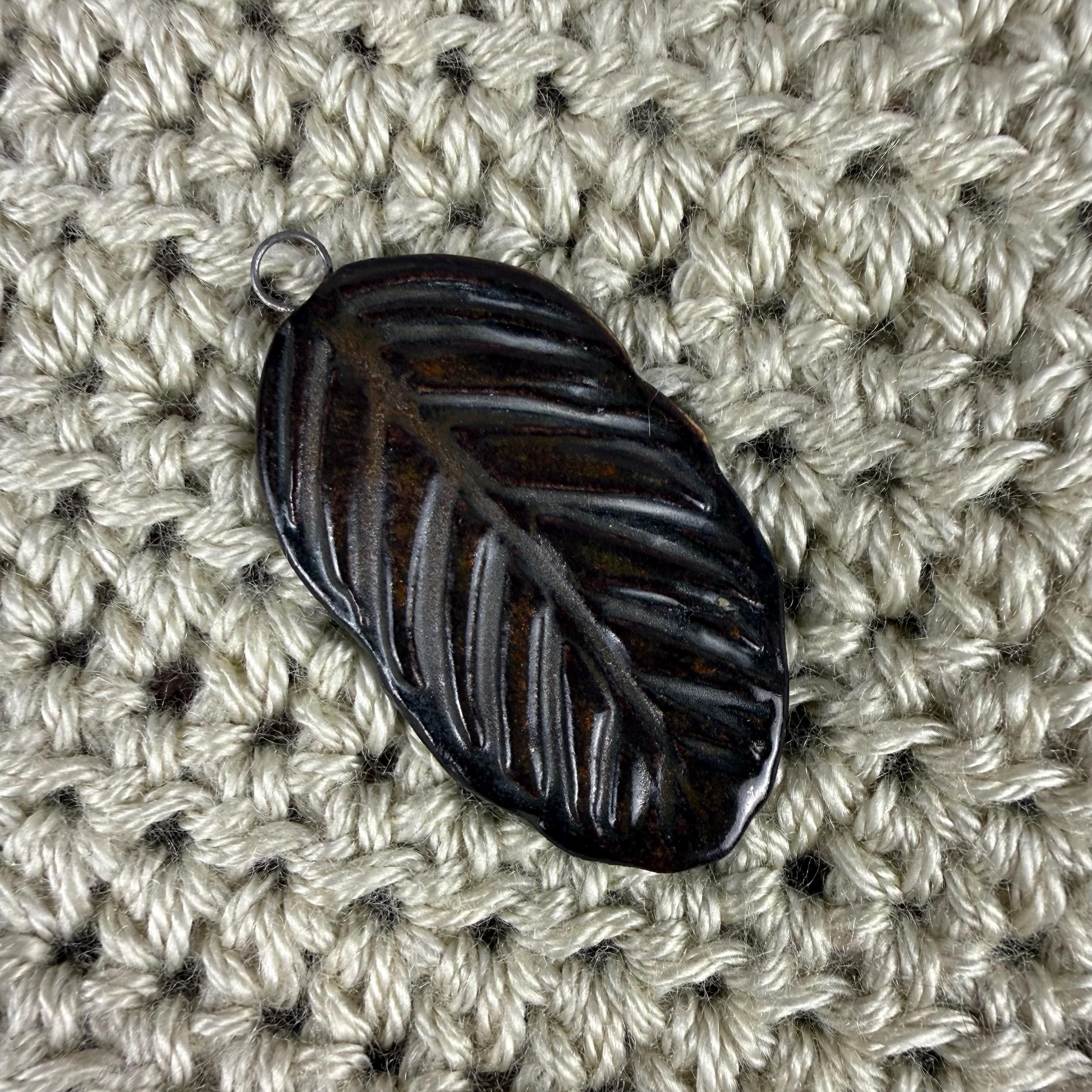 Deep Black and Copper Leaf Ceramic Pendant