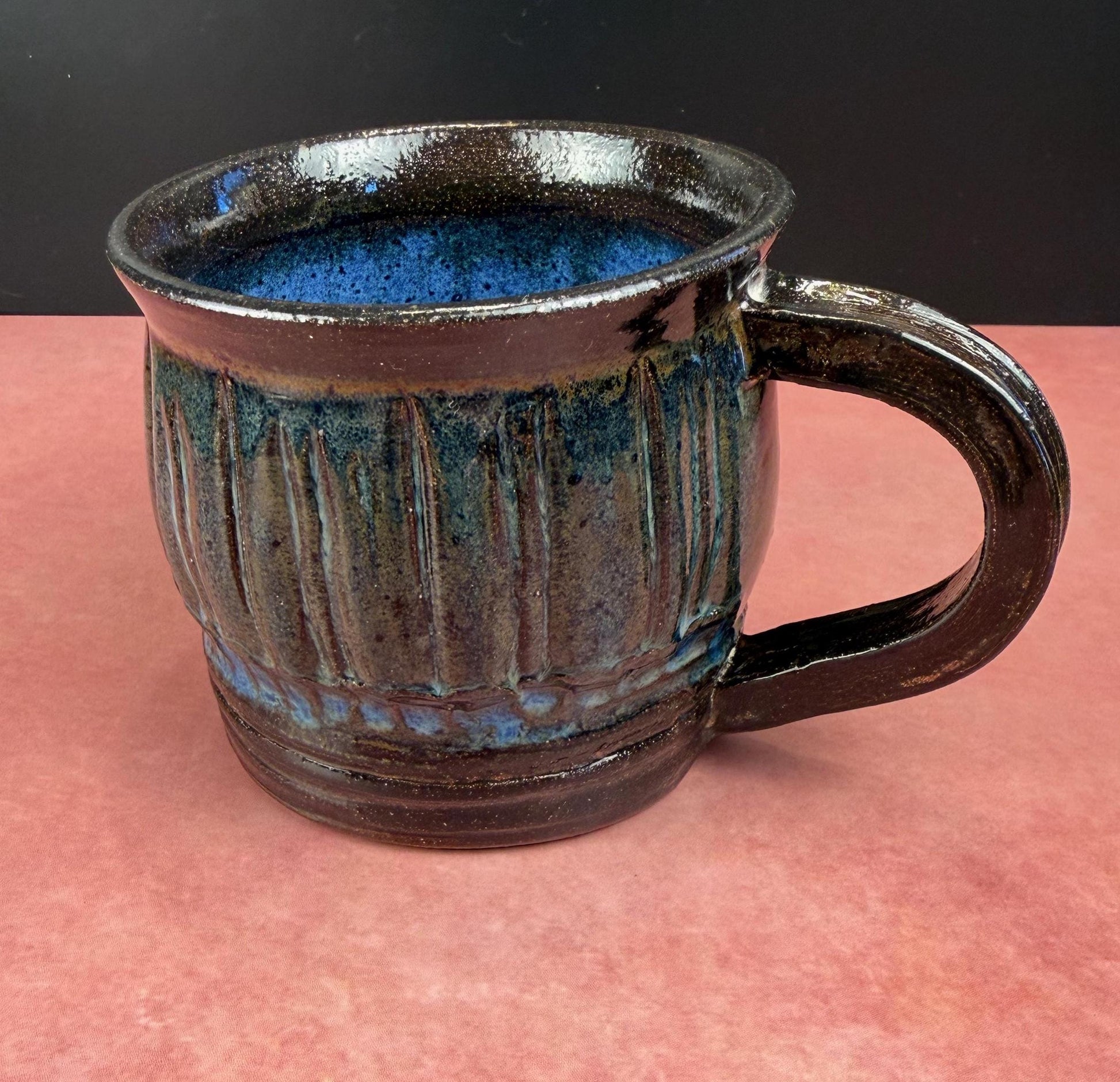 Midnight Blue and Brown Carved Rustic Mug