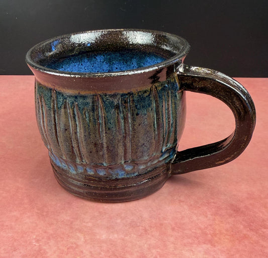 Midnight Blue and Brown Carved Rustic Mug