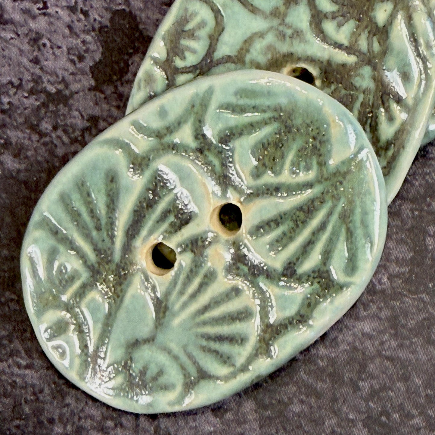 Gingko Green and Blue Oblong Ceramic Button