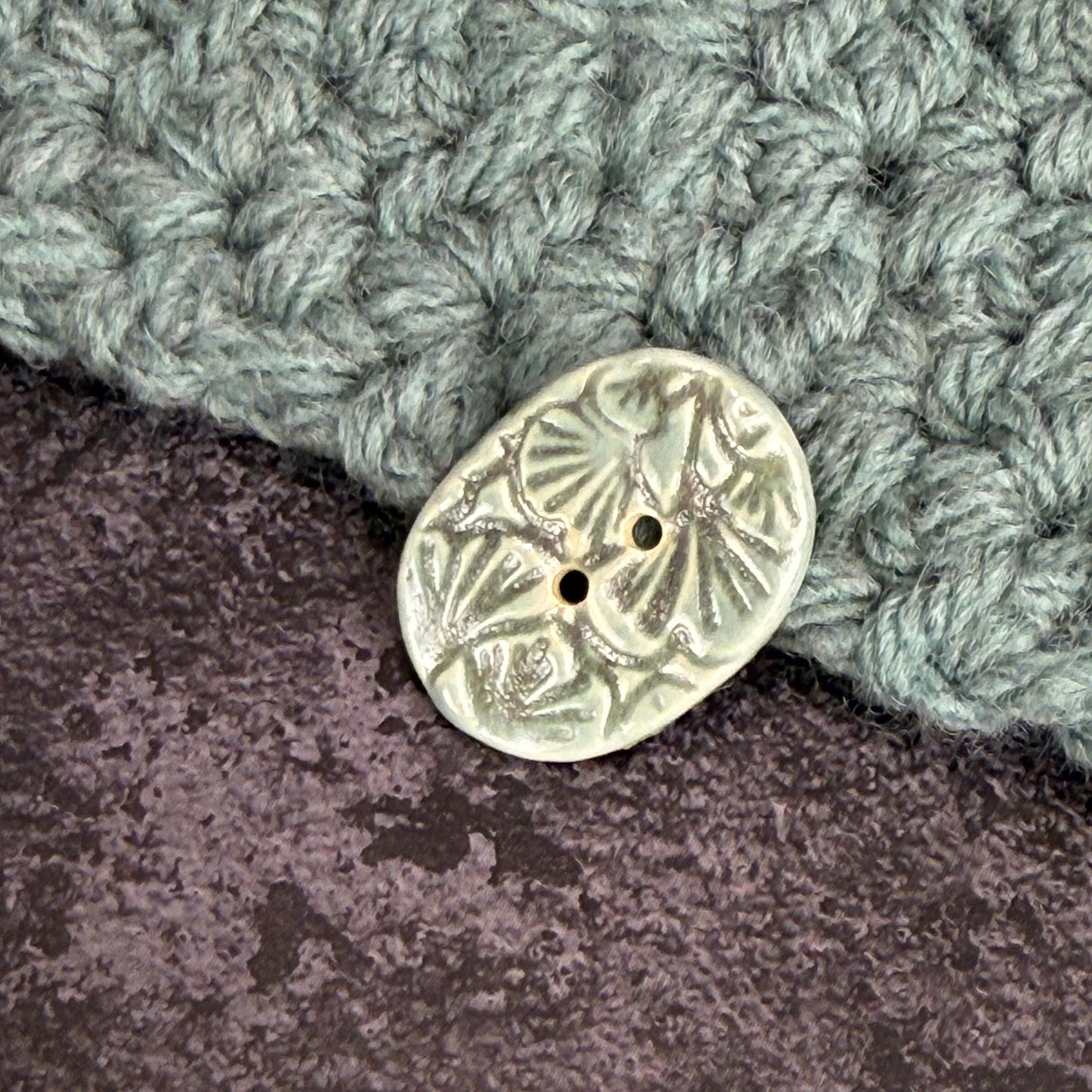 Gingko Green and Blue Oblong Ceramic Button