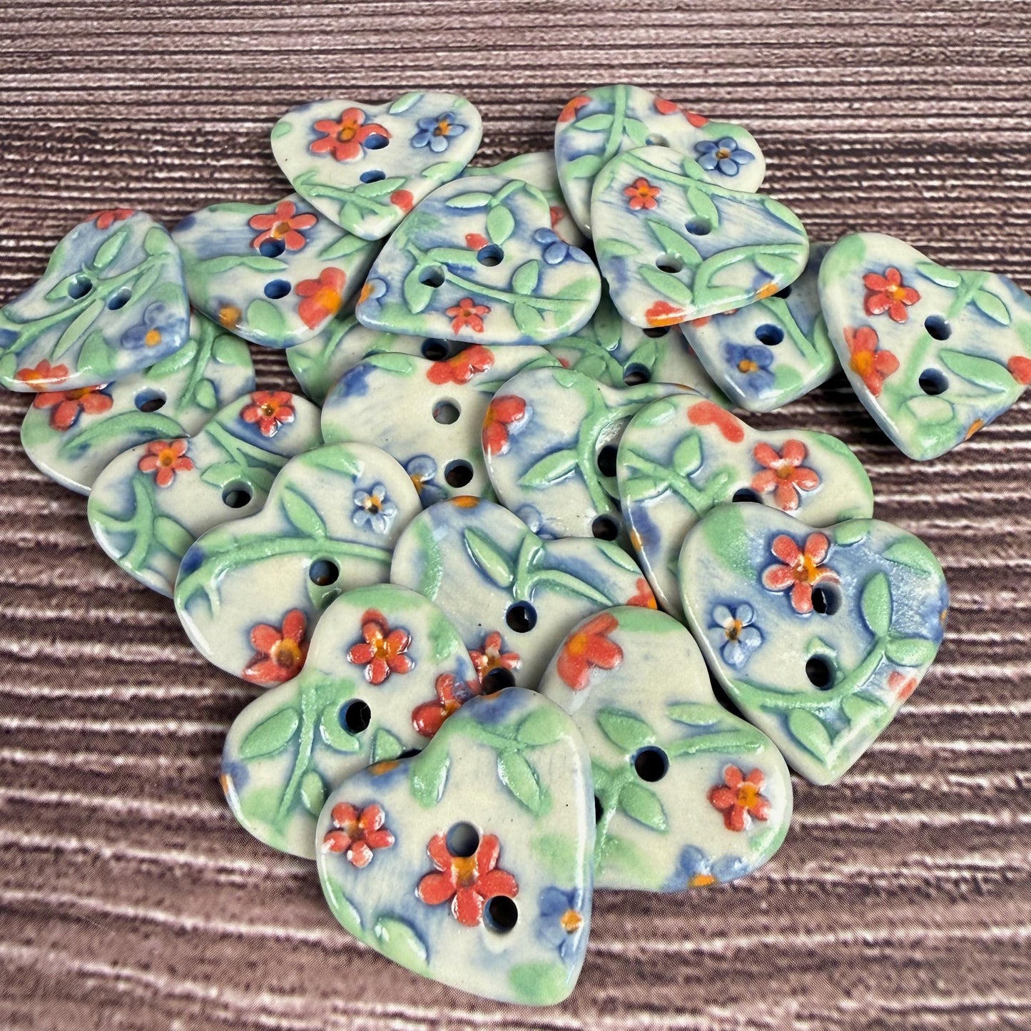 Handmade Ceramic Heart Buttons, Blue & Orange Floral Design