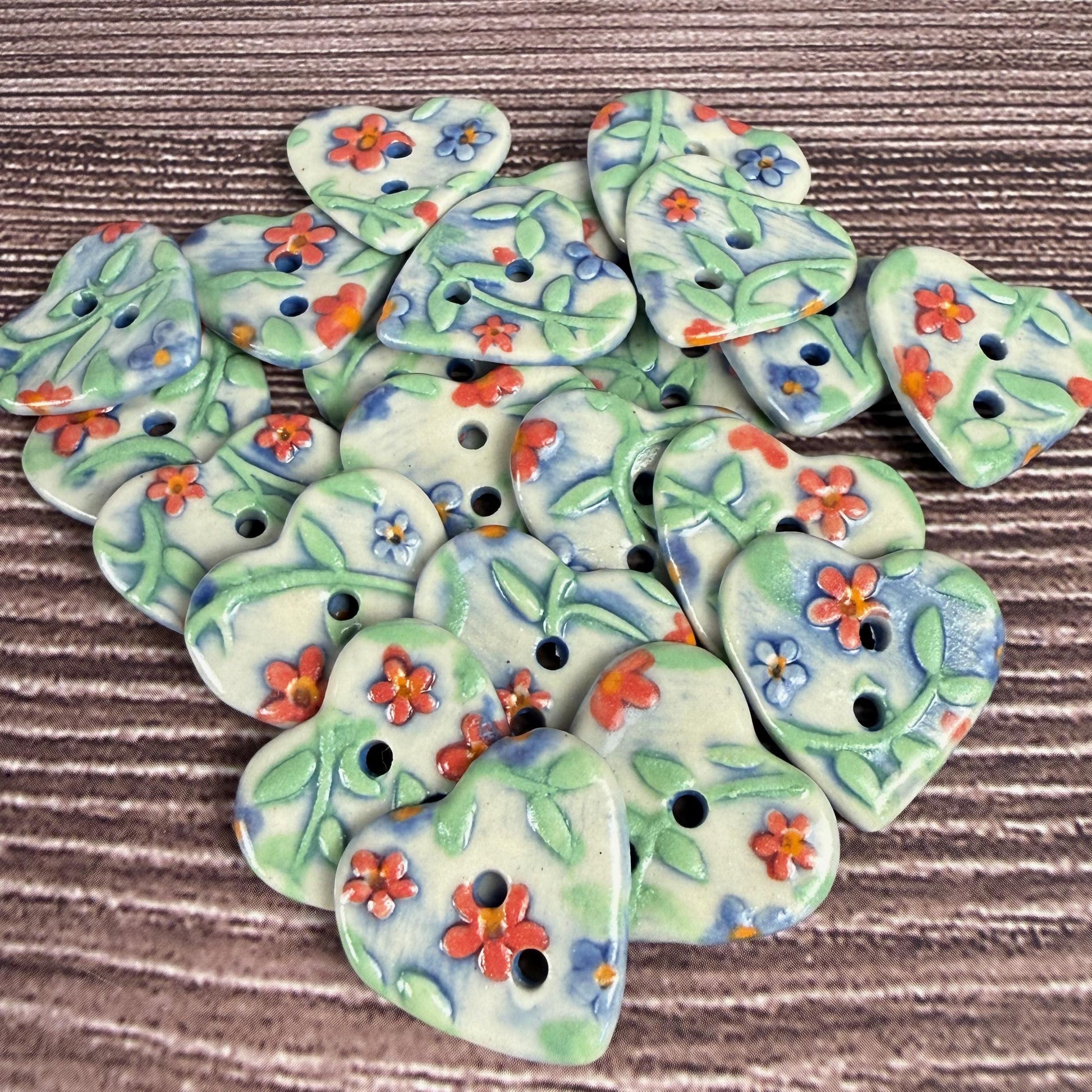 Handmade Ceramic Heart Buttons, Blue & Orange Floral Design