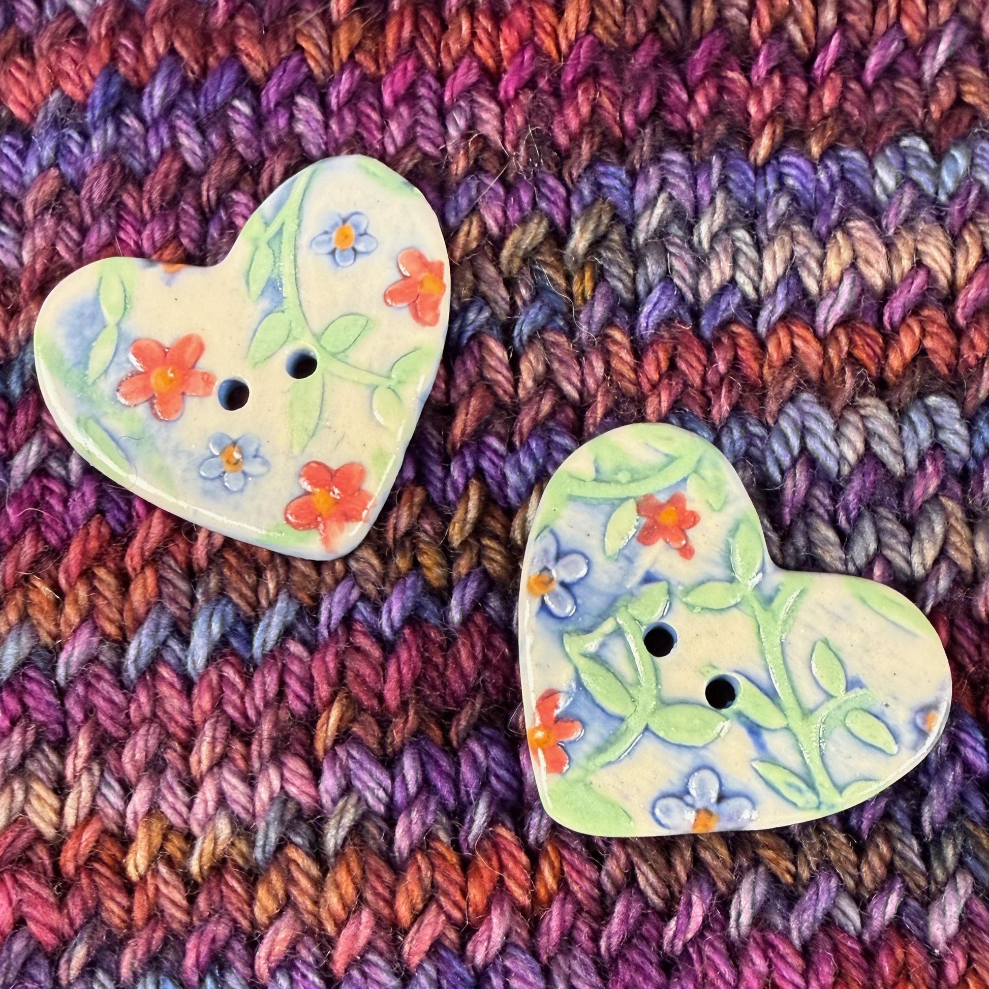 Handmade Ceramic Heart Buttons, Blue & Orange Floral Design
