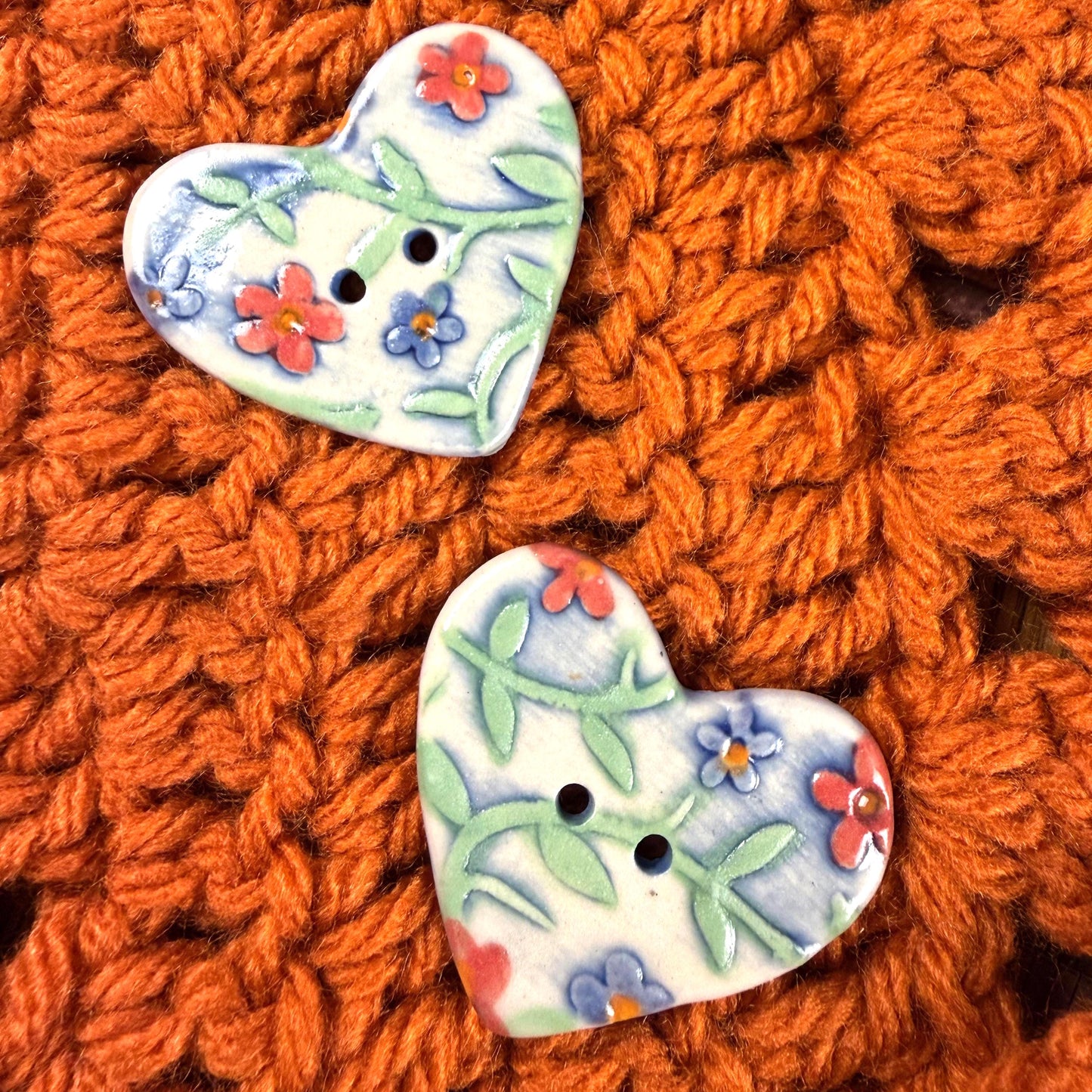 Handmade Ceramic Heart Buttons, Blue & Orange Floral Design