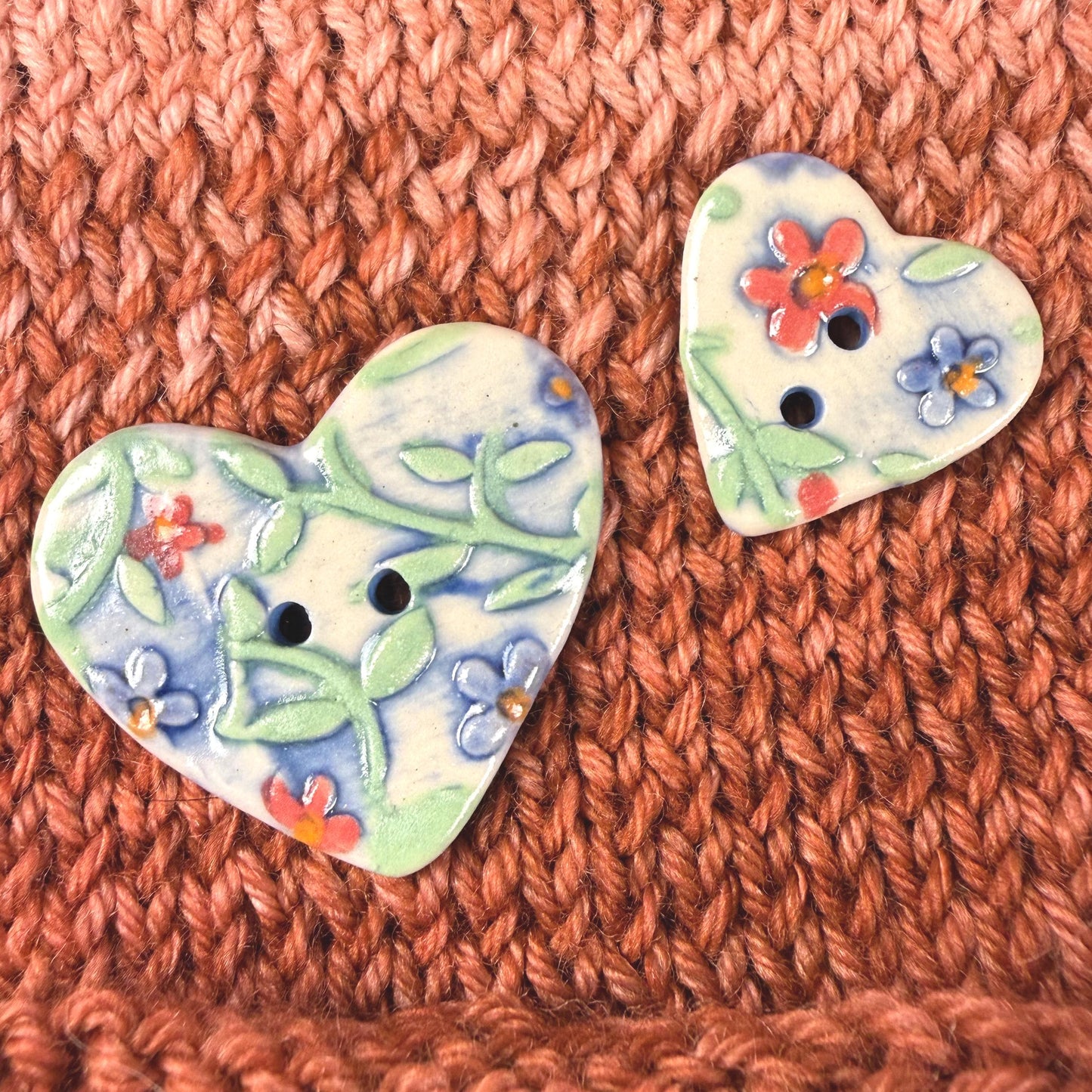 Handmade Ceramic Heart Buttons, Blue & Orange Floral Design