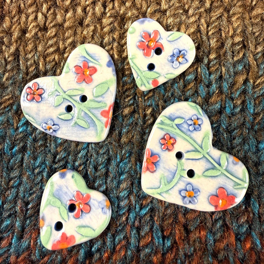 Handmade Ceramic Heart Buttons, Blue & Orange Floral Design