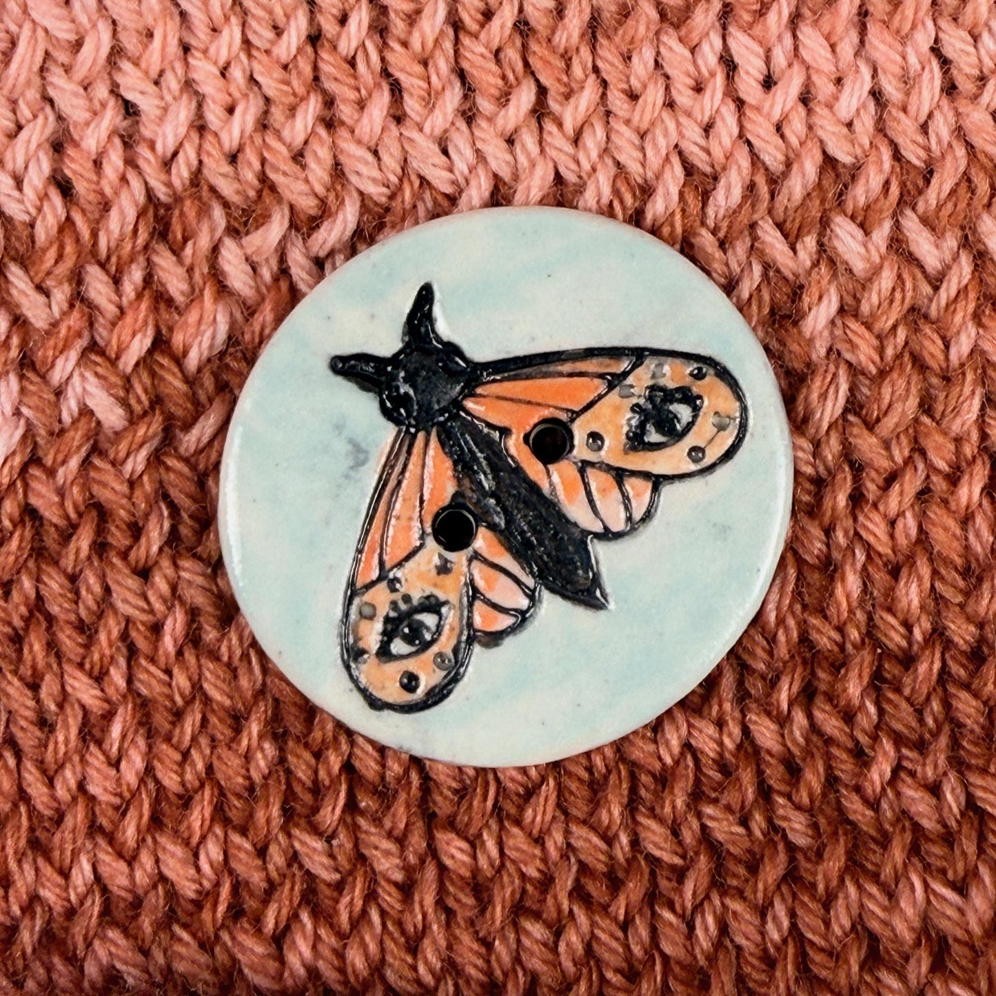 Large Coral and Salmon Moth Aqua Blue Ceramic Button