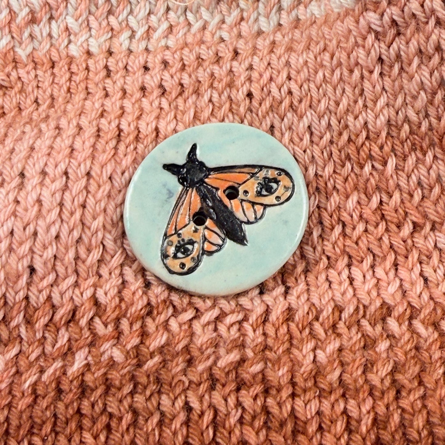 Large Coral and Salmon Moth Aqua Blue Ceramic Button