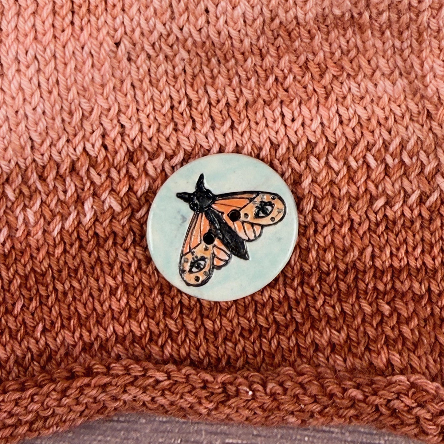 Large Coral and Salmon Moth Aqua Blue Ceramic Button