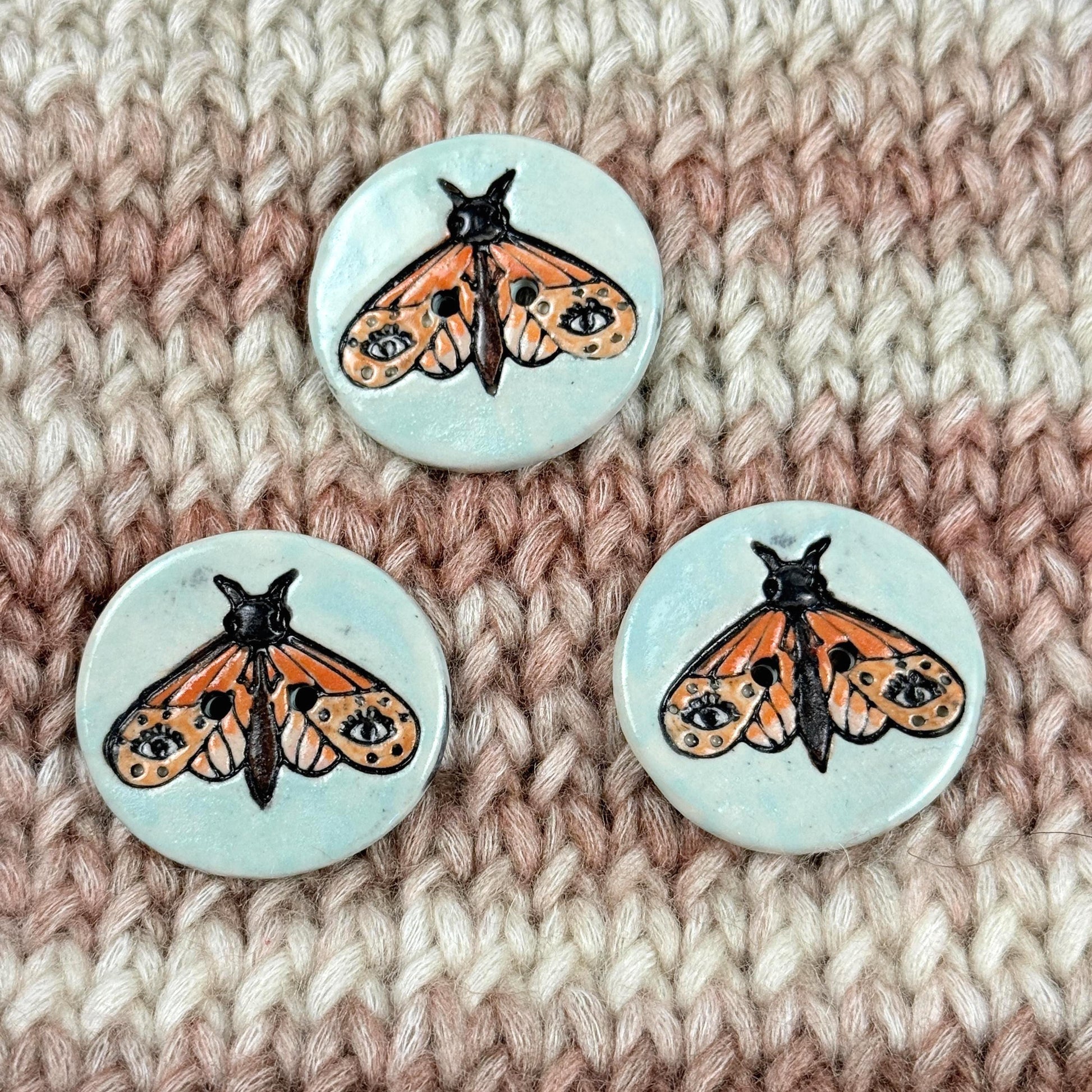 Large Coral and Salmon Moth Aqua Blue Ceramic Button