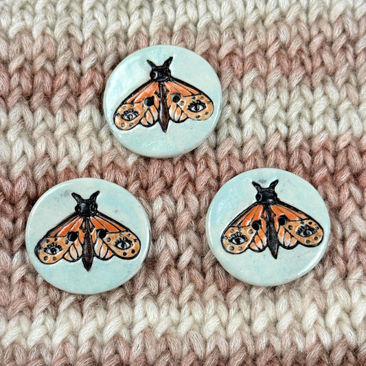 Large Coral and Salmon Moth Aqua Blue Ceramic Button