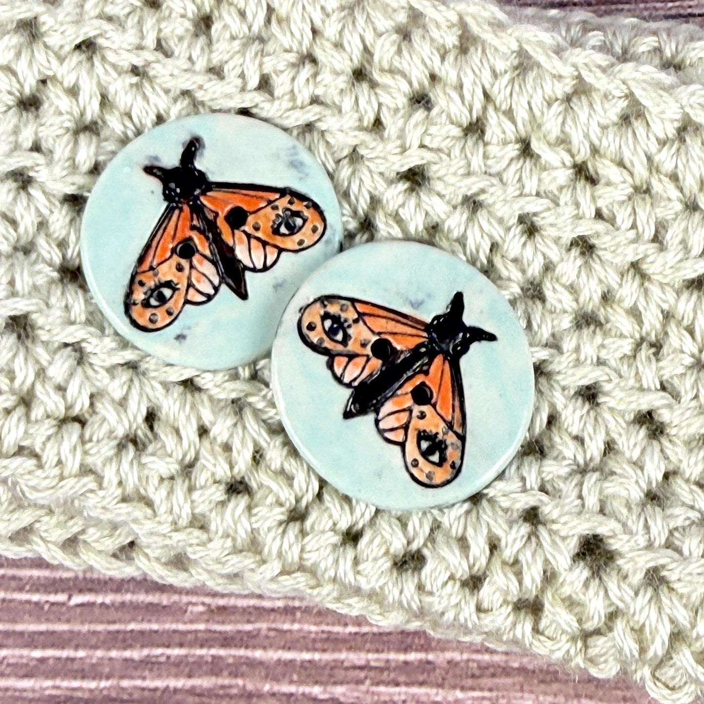 Large Coral and Salmon Moth Aqua Blue Ceramic Button