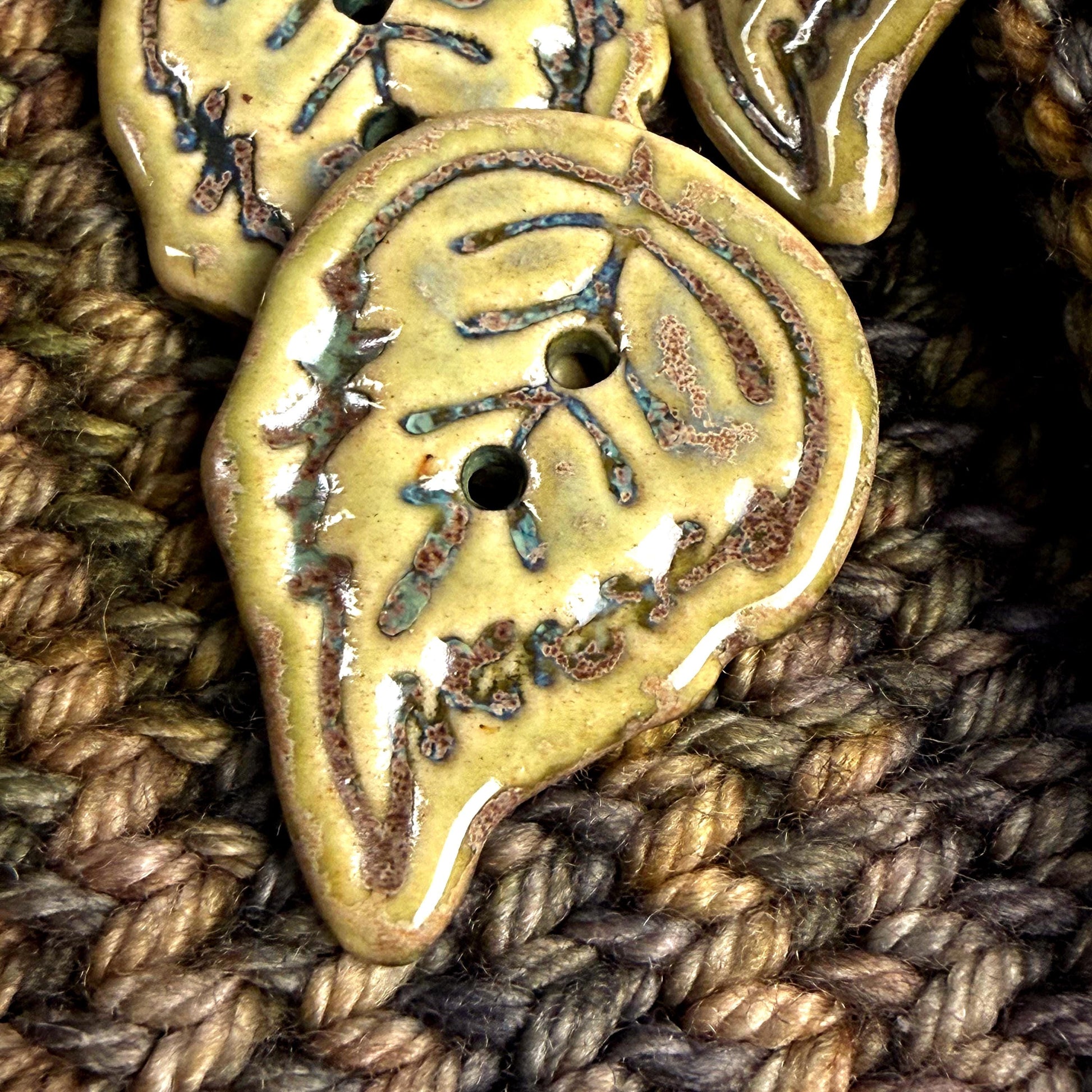 Large Stylized Green Leaf Ceramic Button