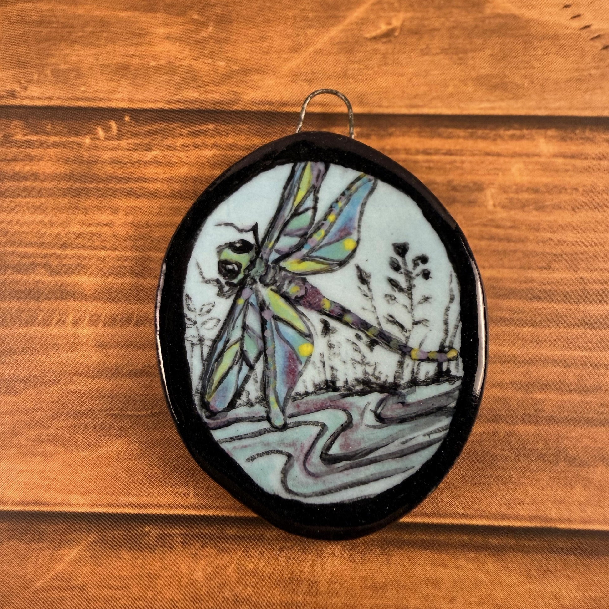 Dragonfly on Blue Oval Ceramic Pendant
