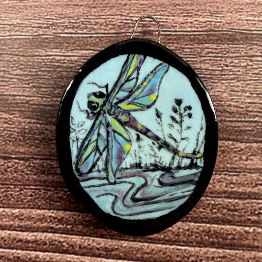 Dragonfly on Blue Oval Ceramic Pendant