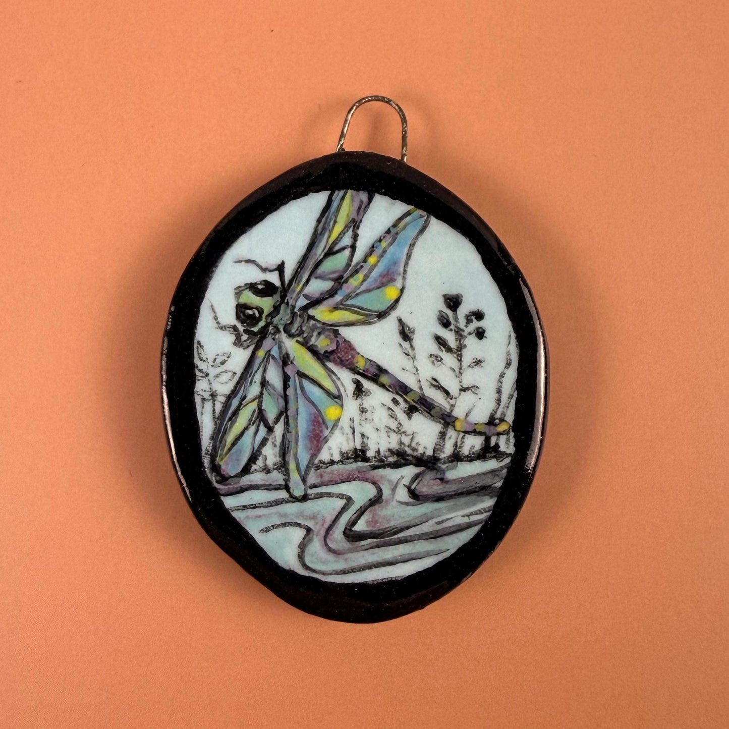 Dragonfly on Blue Oval Ceramic Pendant