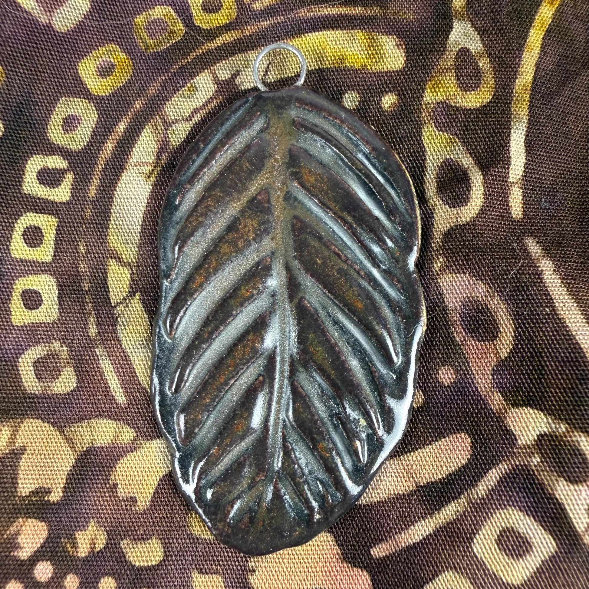 Deep Black and Copper Leaf Ceramic Pendant