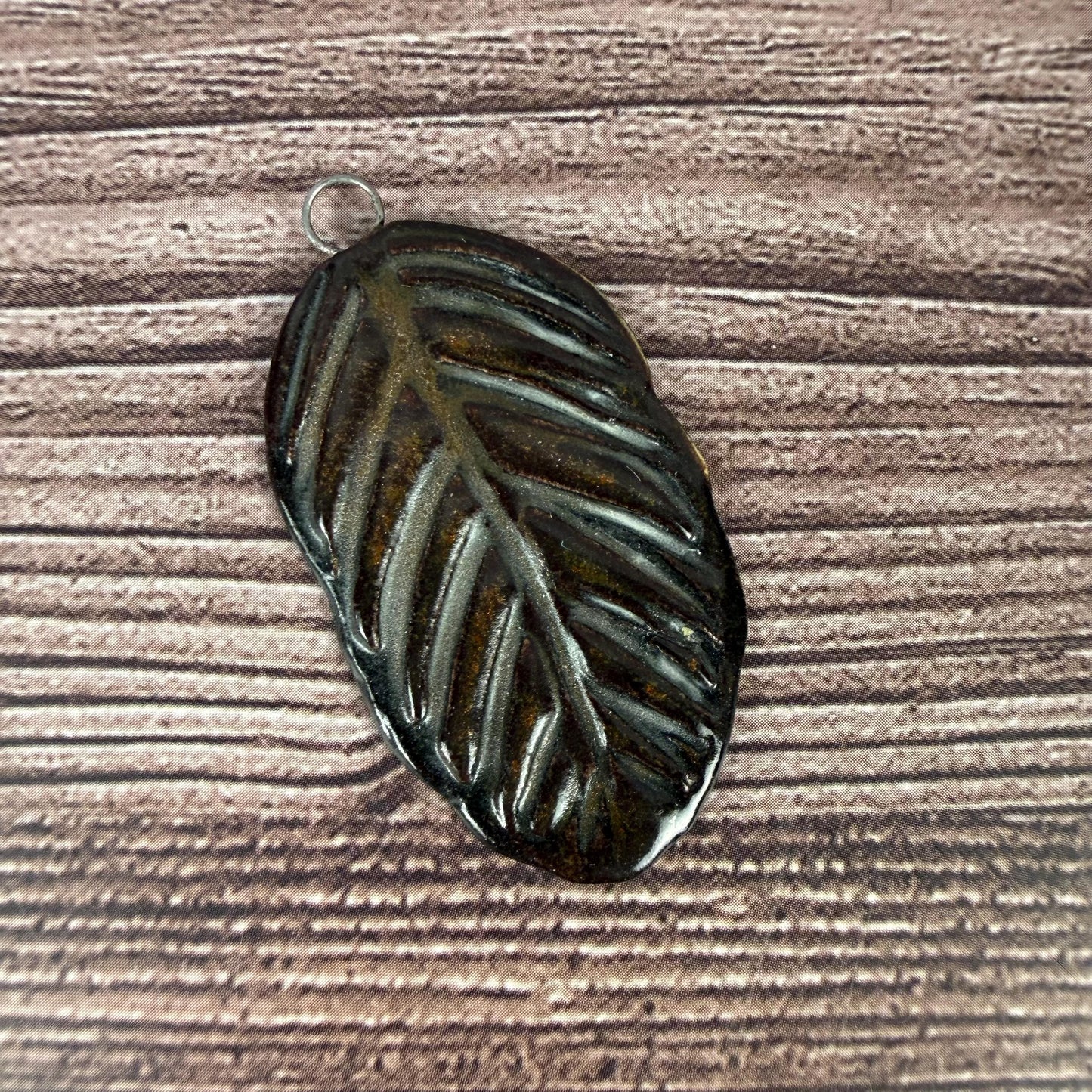 Deep Black and Copper Leaf Ceramic Pendant
