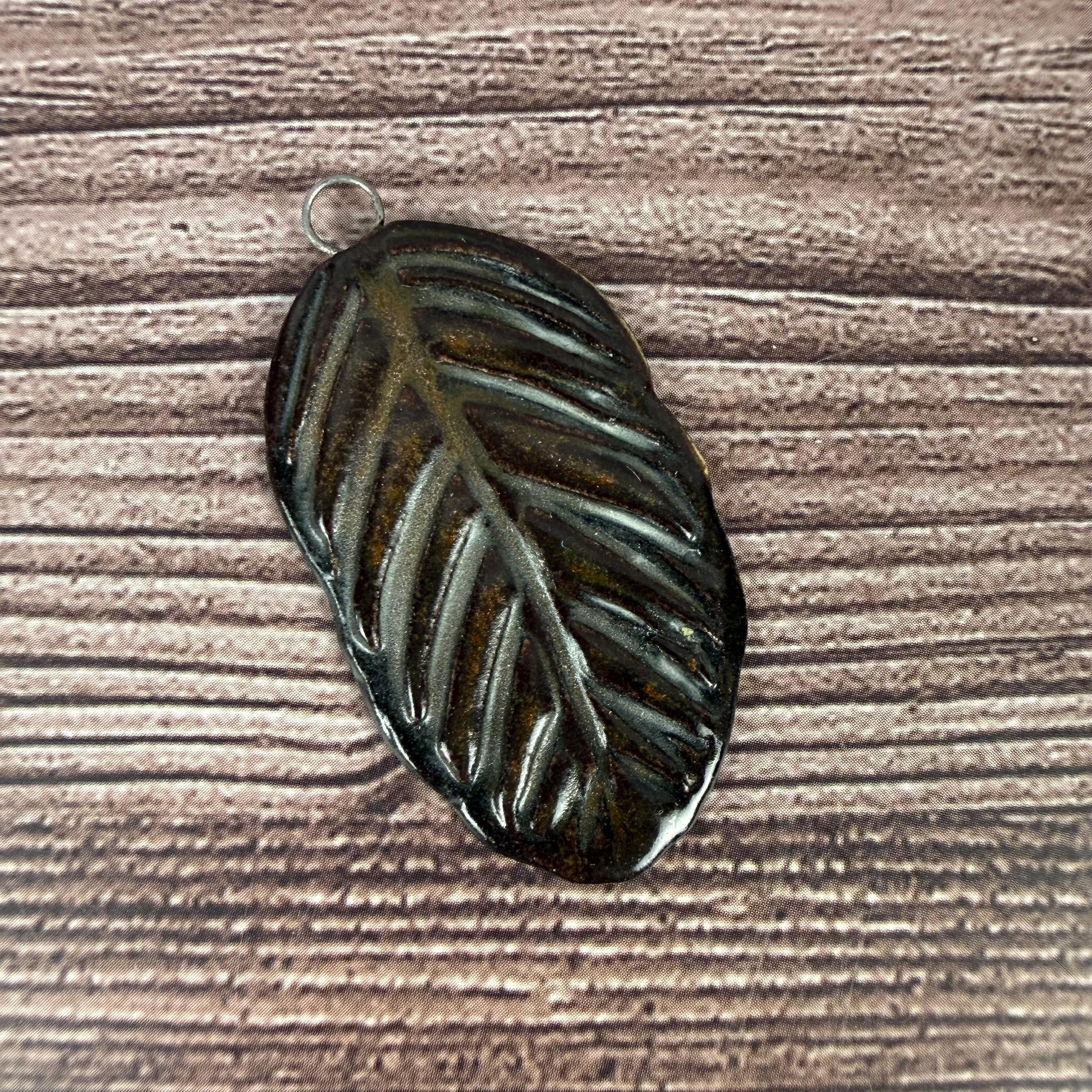 Deep Black and Copper Leaf Ceramic Pendant