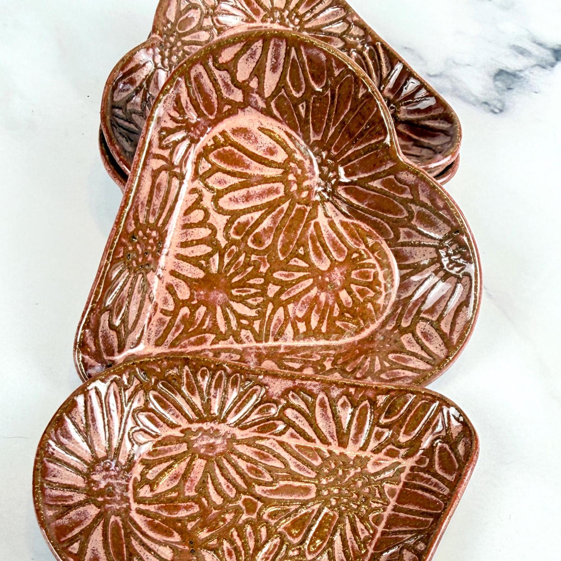 Red Ceramic Teabag Holder/Spoonrest with Daisy Pattern