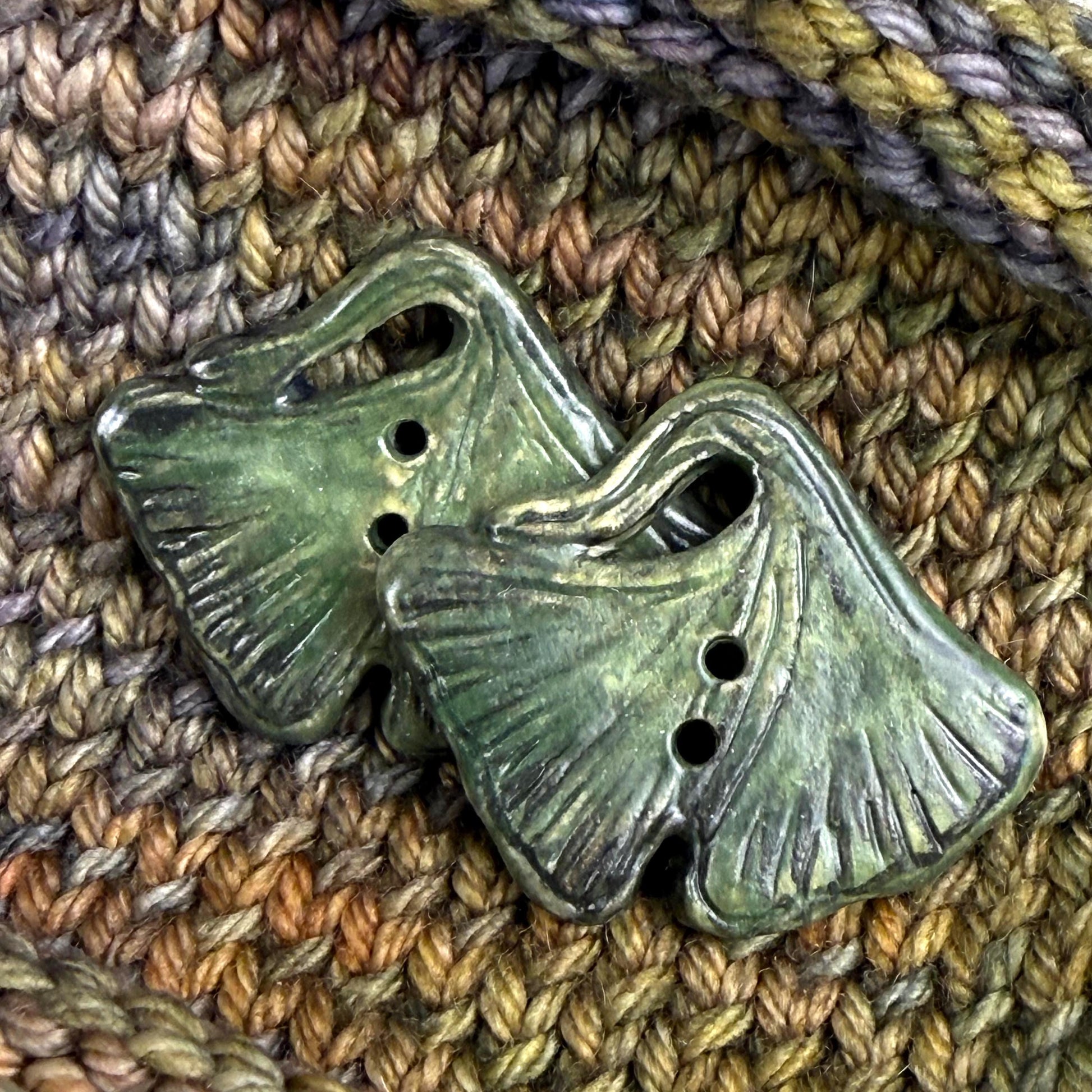 Carved Green Ginkgo Ceramic Button with Dark Green Details