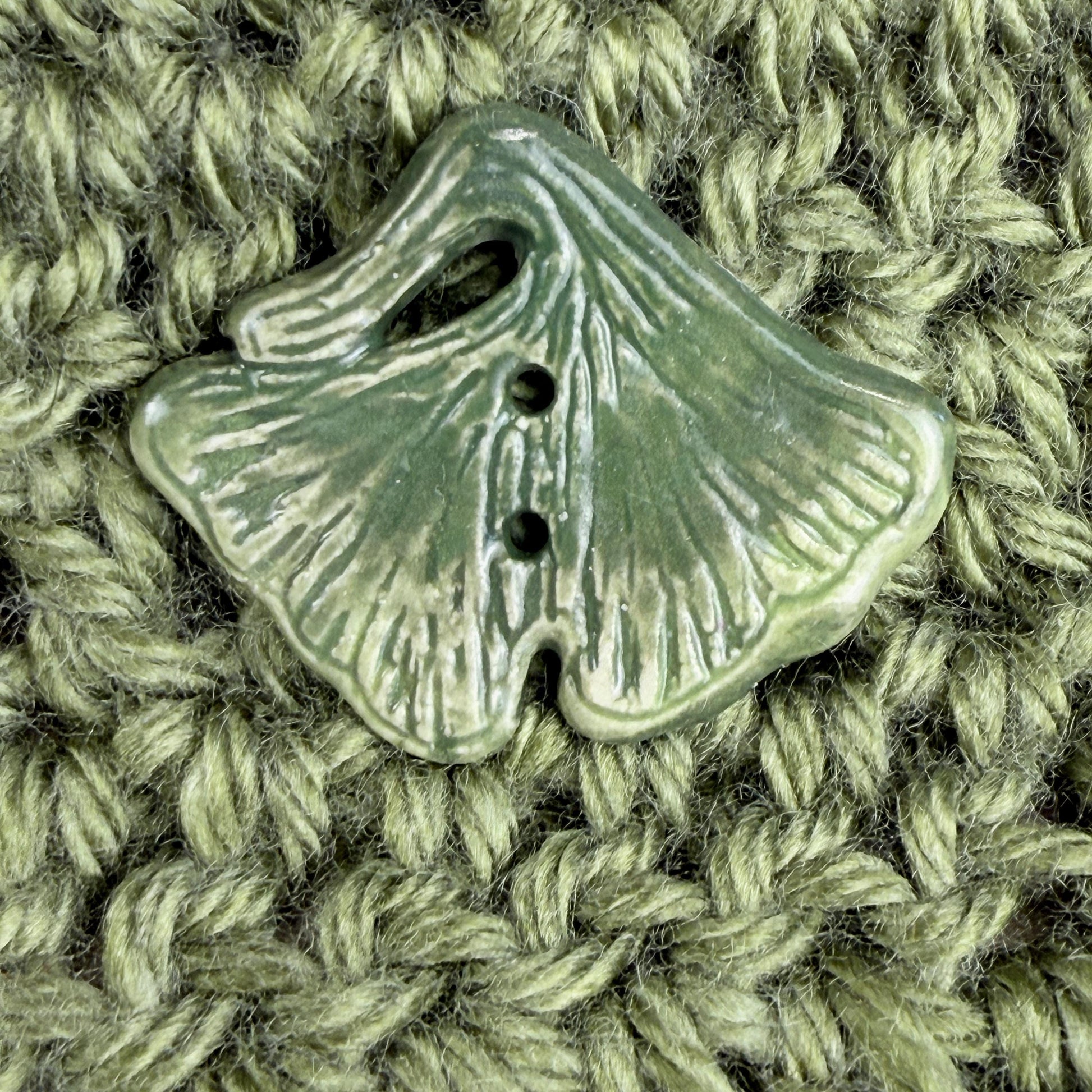 Carved Green Ginkgo Ceramic Button