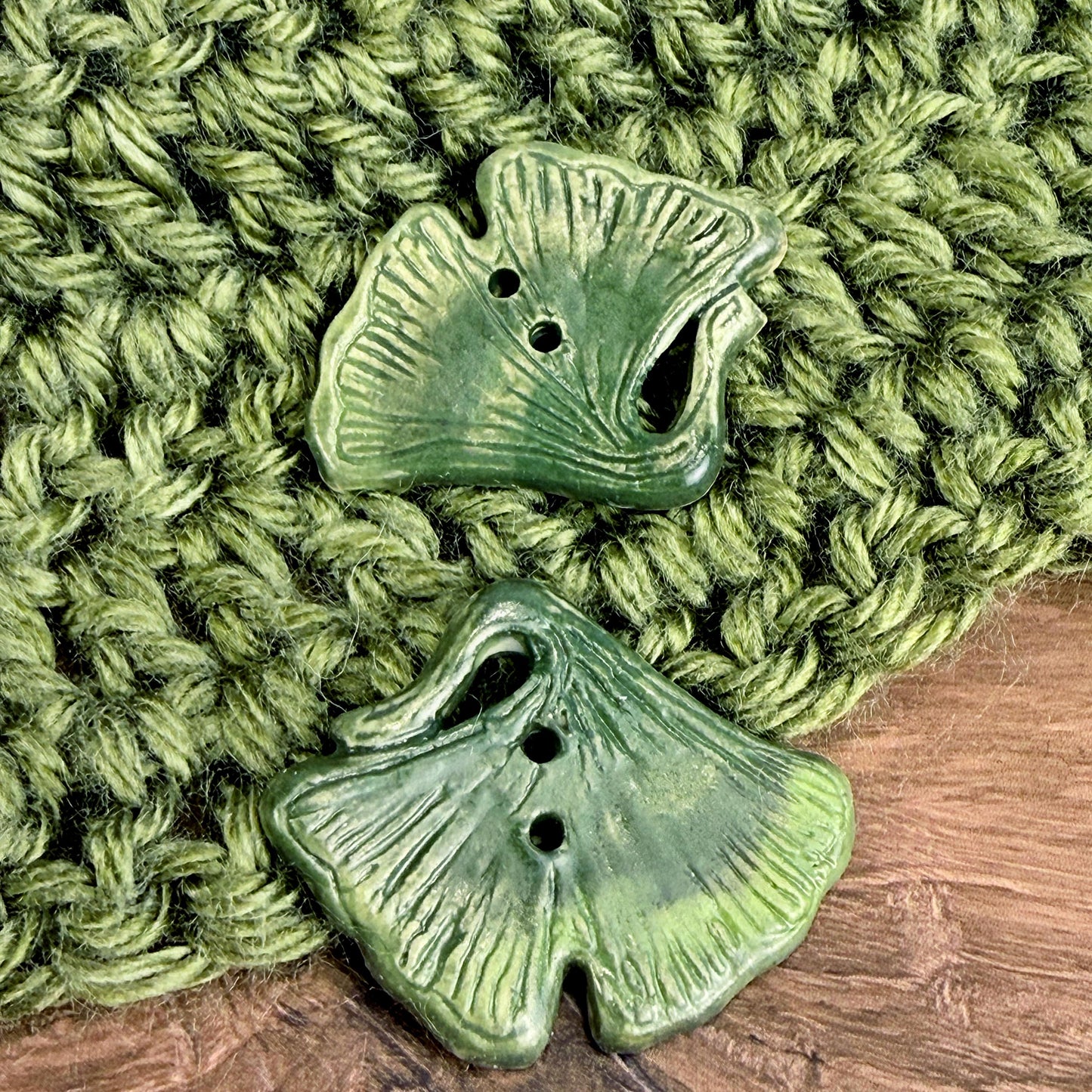 Carved Green Ginkgo Ceramic Button