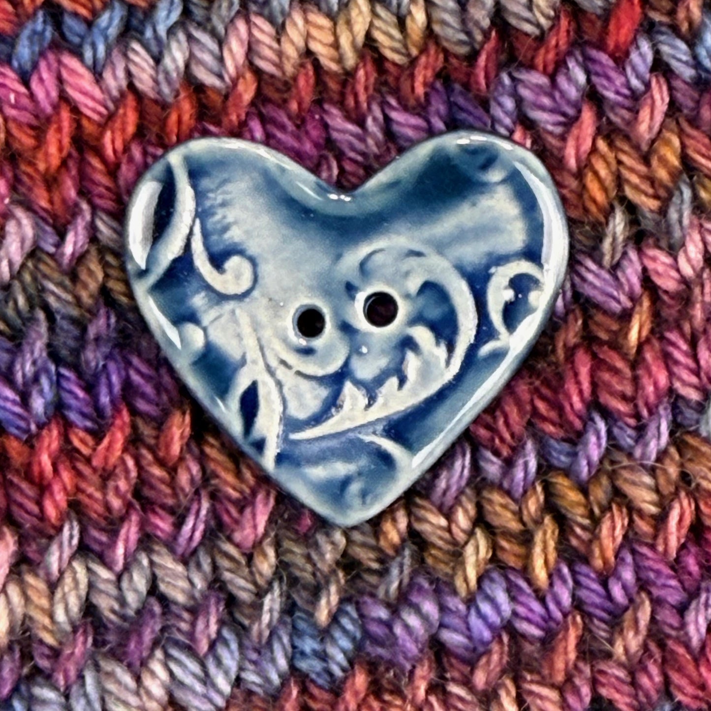 Dark Blue Patterned Heart Ceramic Button