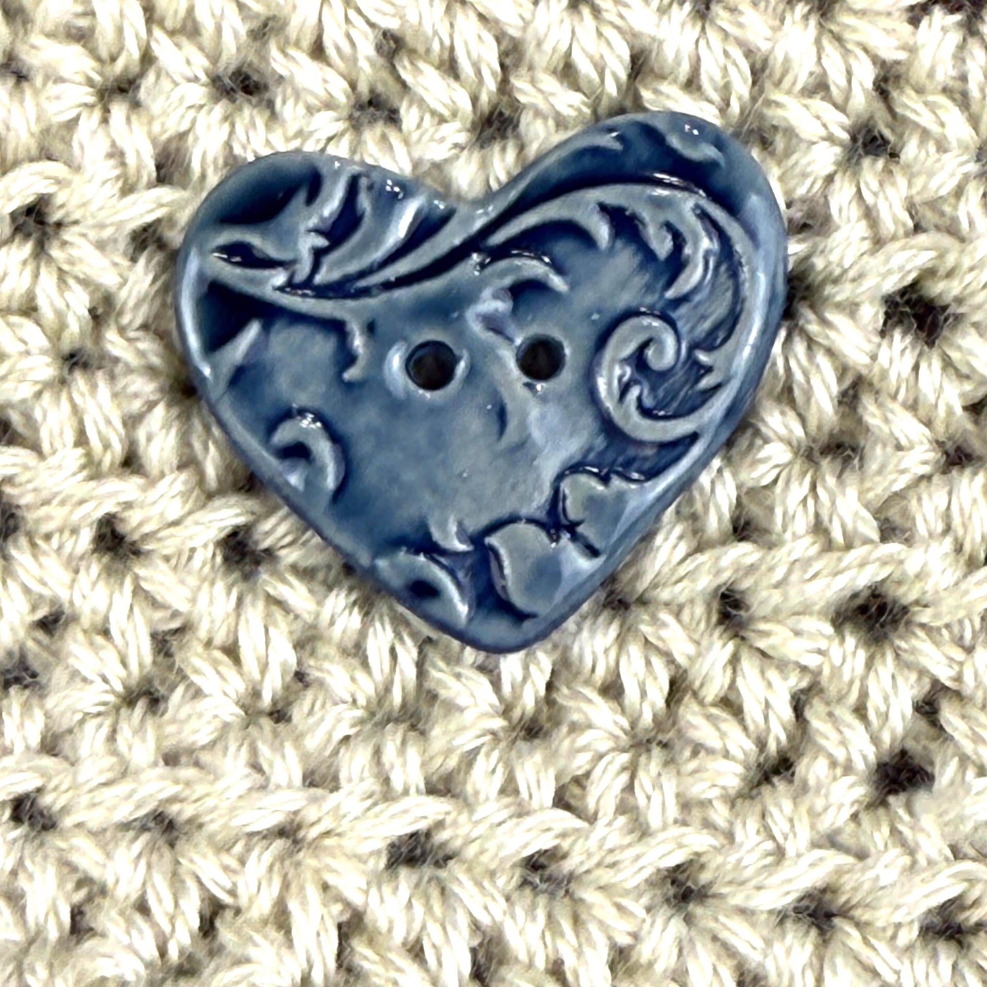 Dark Blue Patterned Heart Ceramic Button