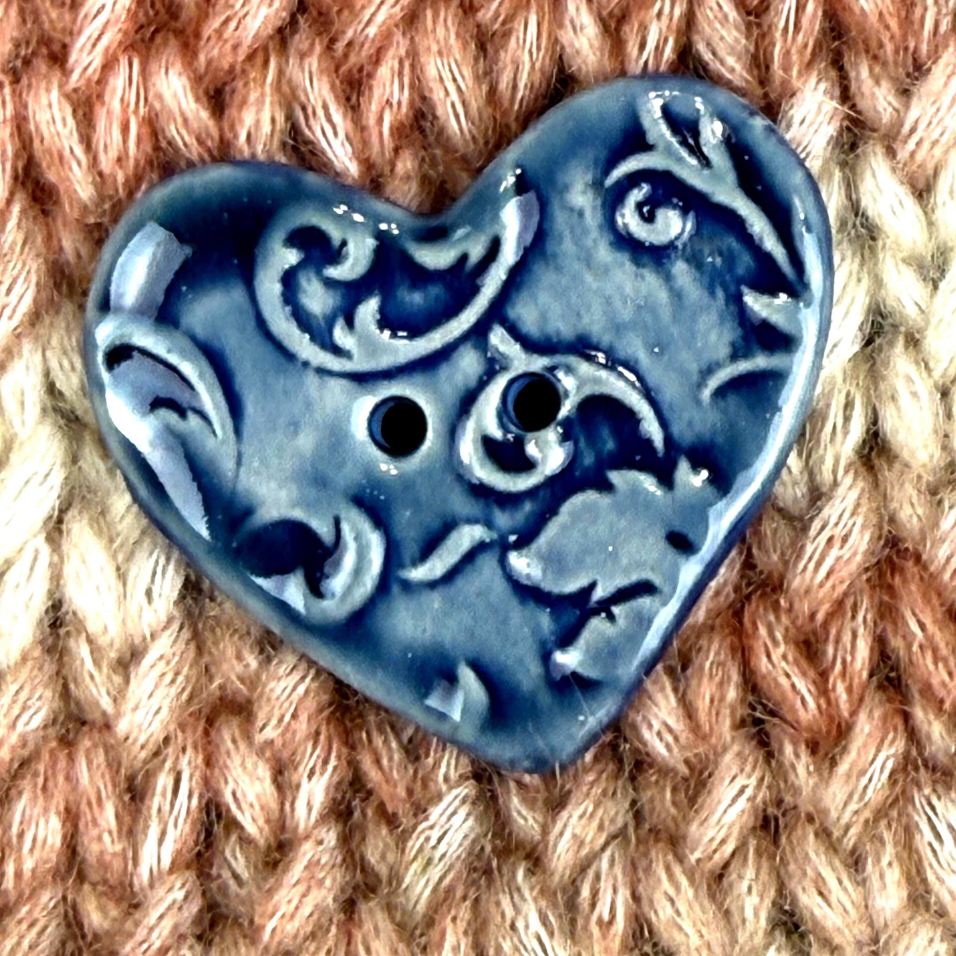 Dark Blue Patterned Heart Ceramic Button