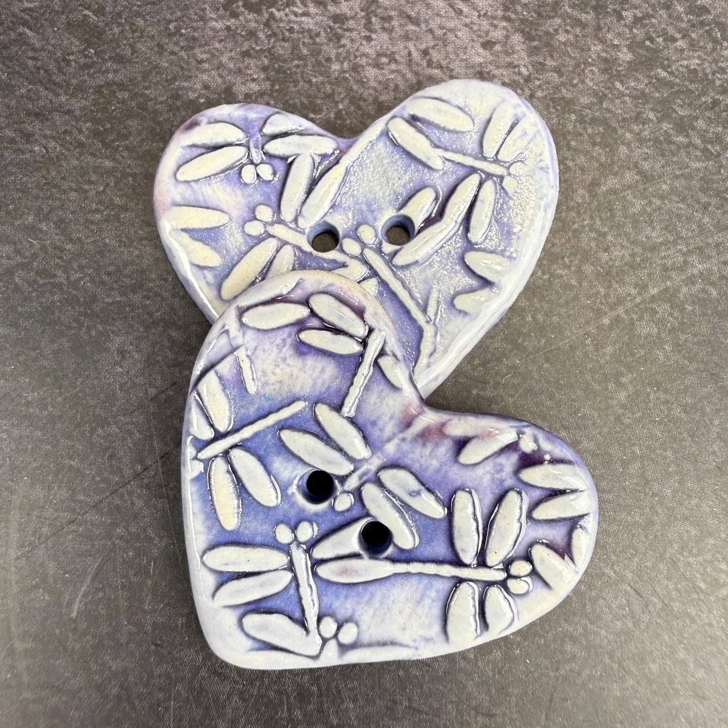 Purple Dragonfly Patterned Heart Ceramic Button